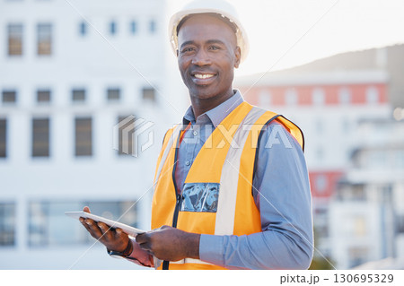 Engineering, tablet and portrait of black man in city for construction, building and architecture. Maintenance, inspection and technology with employee for contractor, digital and project management 130695329