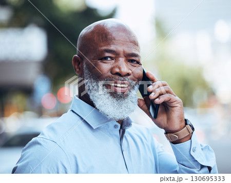 Business phone call, portrait and black man in city for conversation, mobile networking or hello. Happy mature manager, outdoor communication and talking on smartphone for contact, speaking and smile 130695333
