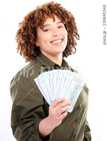 Happy, money and winner with portrait of black woman for investment, success or growth. Cash, dollar and wealth with girl customer isolated on white background for financial, deal or promotion 130695348