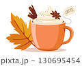 Cup of coffee with cinnamon sticks, star anise and autumn leaf on a white background. Autumn drink 130695454