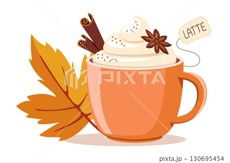 Cup of coffee with cinnamon sticks, star anise and autumn leaf on a white background. Autumn drink Cup of coffee with cinnamon sticks, star anise and autumn leaf on a white background. Autumn drink 130695454