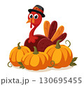 Turkey bird in hat sits behind pumpkins on a white background. Thanksgiving day 130695455