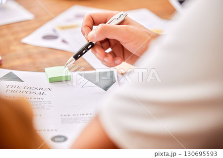 Planning, strategy and hands of an employee with a proposal for analysis, reading and information. Business, corporate and worker a design document for work ideas, inspiration and a plan with notes 130695593