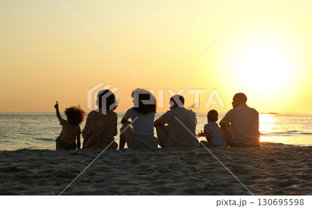Peace, sunset and travel with big family on beach for vacation, support and happiness. Bonding, summer break and holiday trip with parents and children at coast for care, generations or nature mockup 130695598