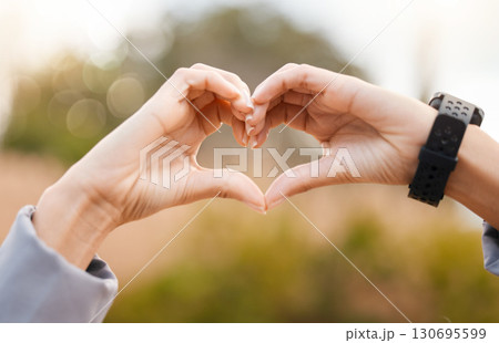 Heart hands, outdoor and fitness health for cardiology exercise, running or wellness closeup. Like, workout and healthy person with love sign and smart watch in park or nature for care emoji Heart hands, outdoor and fitness health for cardiology exercise, running or wellness closeup. Like, workout and healthy person with love sign and smart watch in park or nature for care emoji 130695599