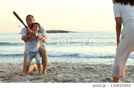 Family, baseball and boy play at beach, having fun and enjoying holiday together. Care, sunset and mother with happy grandfather playing sports with kid or child and bonding by ocean or seashore. Family, baseball and boy play at beach, having fun and enjoying holiday together. Care, sunset and mother with happy grandfather playing sports with kid or child and bonding by ocean or seashore. 130695648
