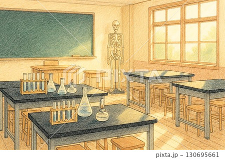 誰もいない理科室と差し込む陽光 ノスタルジーイラスト 130695661
