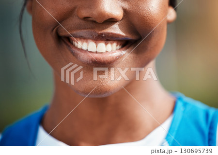 Dental, teeth and smile by black woman with oral hygiene, clean and whitening for self care with tooth implant. Healthcare, closeup and happy female person feeling excited for mouth wellness Dental, teeth and smile by black woman with oral hygiene, clean and whitening for self care with tooth implant. Healthcare, closeup and happy female person feeling excited for mouth wellness 130695739