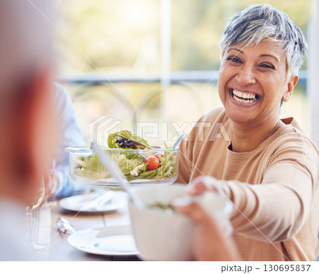 Pass salad food, lunch and happy people at brunch celebration event for reunion, bonding and enjoy quality time together. Eating vegan meal, nutritionist or senior woman laugh at funny joke in Mexico 130695837