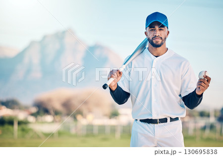 Sports, baseball and portrait of man with bat on field ready for game, practice and competition mockup. Fitness, confident mindset and athlete outdoors for exercise, training and workout for match 130695838
