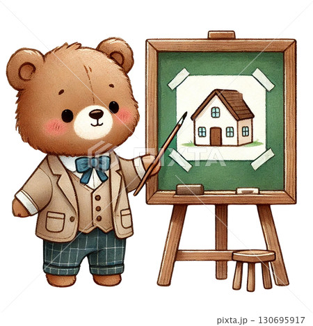 A cute bear artist presenting a house drawing on an easel. A cute bear artist presenting a house drawing on an easel. 130695917