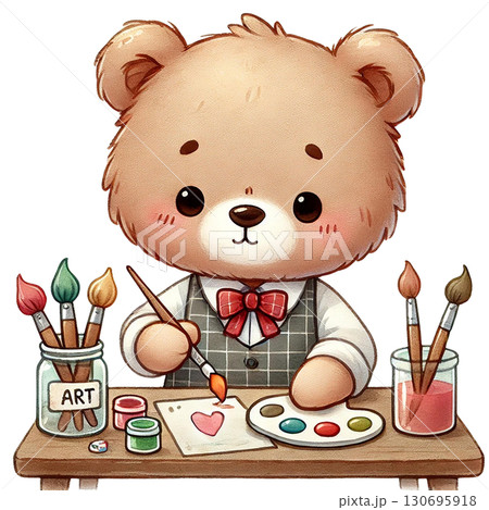 A cute bear character creatively painting at a table. A cute bear character creatively painting at a table. 130695918