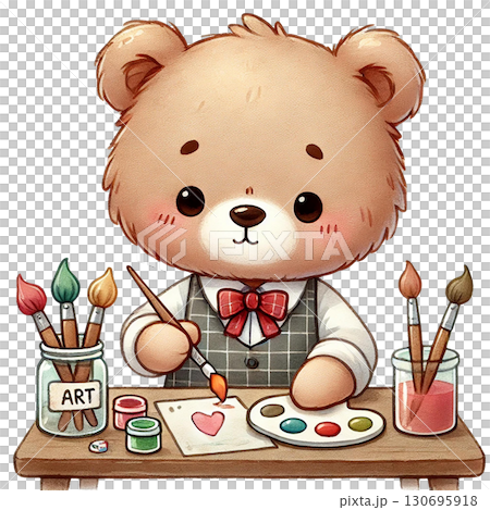 A cute bear character creatively painting at a table. A cute bear character creatively painting at a table. 130695918