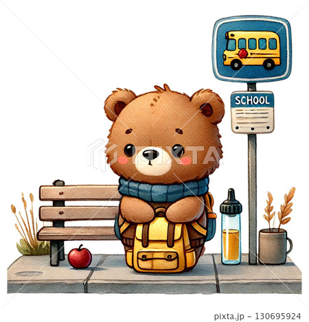 A cute bear waiting at a school bus stop with a...のイラスト素材 [130695924 ...