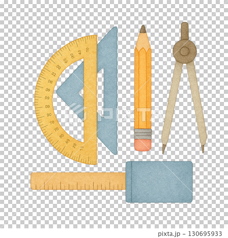 Colorful drawing tools including pencil, ruler, and protractor. Colorful drawing tools including pencil, ruler, and protractor. 130695933