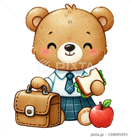 Cute cartoon bear character ready for school with lunch and bag. 130695955