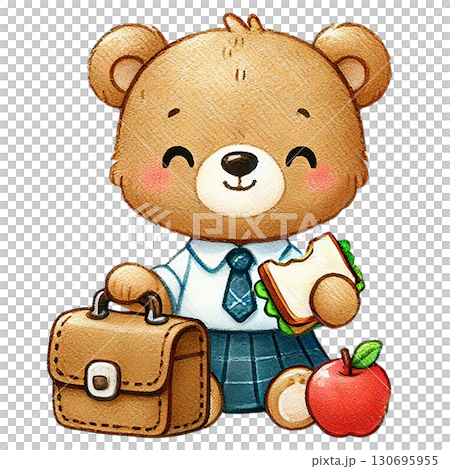 Cute cartoon bear character ready for school with lunch and bag. 130695955