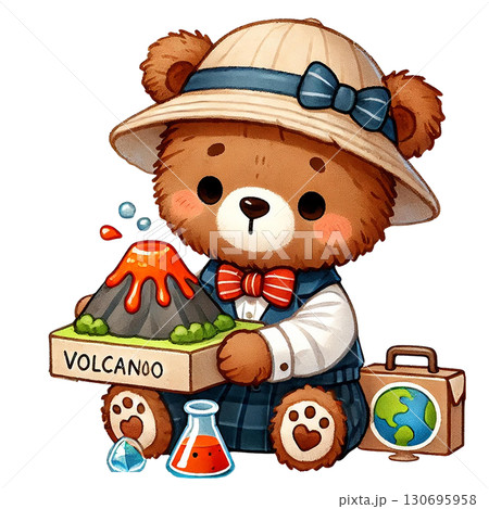 Cute cartoon bear with a volcano model on a science adventure. Cute cartoon bear with a volcano model on a science adventure. 130695958