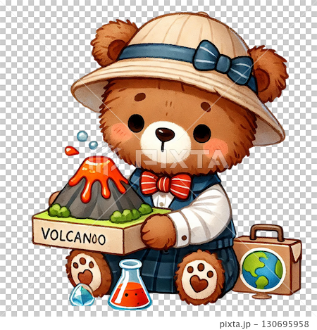 Cute cartoon bear with a volcano model on a science adventure. Cute cartoon bear with a volcano model on a science adventure. 130695958