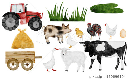 Cute farm animal and tractor set. Hand drawn cow, rooster, haystack and red tractor on isolated white background. Country style clip art. Ideal for educational cards and posters Cute farm animal and tractor set. Hand drawn cow, rooster, haystack and red tractor on isolated white background. Country style clip art. Ideal for educational cards and posters 130696194