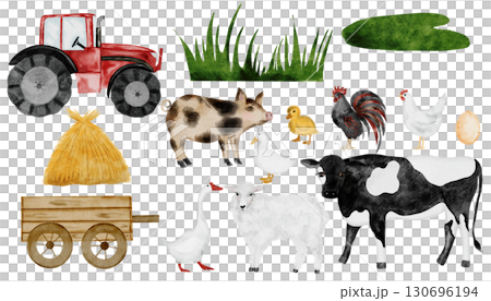 Cute farm animal and tractor set. Hand drawn cow, rooster, haystack and red tractor on isolated white background. Country style clip art. Ideal for educational cards and posters 130696194