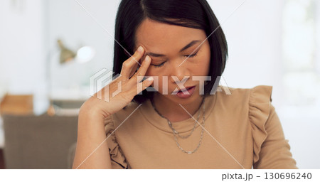 Stress, headache and asian woman at job in office with 404 technology glitch. Tired business worker, burnout and computer mistake with anxiety, deadline and depression of problem, crisis and doubt 130696240