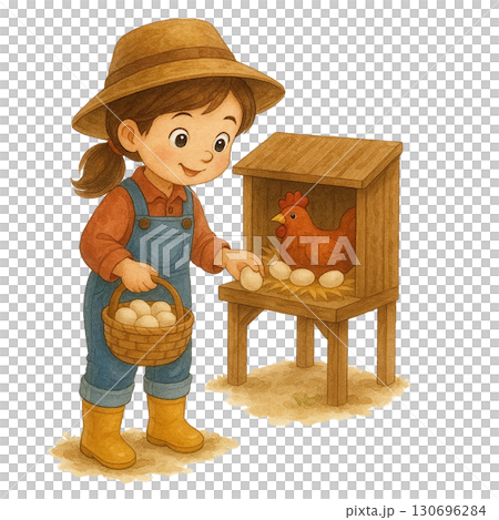 A child joyfully collecting fresh eggs from a henhouse. 130696284