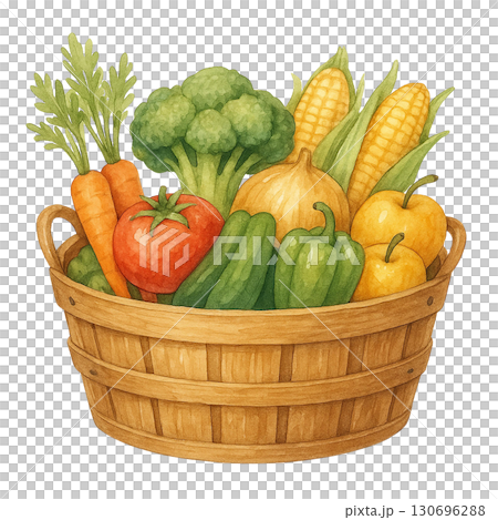 A colorful basket filled with fresh vegetables and greens. 130696288