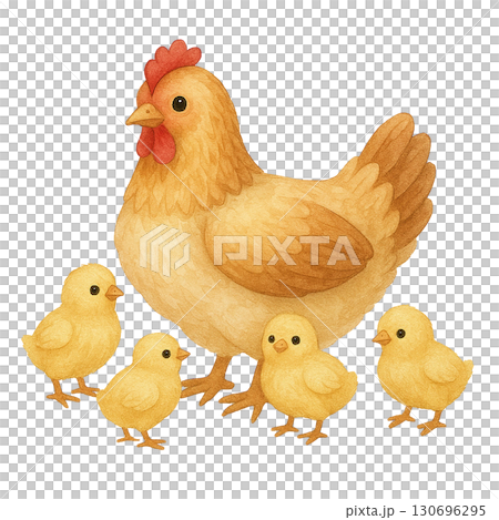 A mother hen with adorable chicks in a cute illustration. 130696295