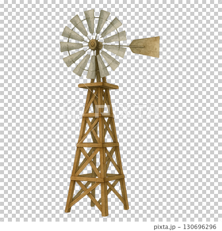 A rustic windmill stands tall against a clear blue sky. 130696296