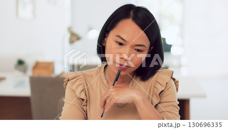 Business woman, thinking and reading at company for inspiration in office. Creative planning, idea and problem solving at copywriting agency with review, article research and employee working at desk Business woman, thinking and reading at company for inspiration in office. Creative planning, idea and problem solving at copywriting agency with review, article research and employee working at desk 130696335