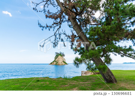 真夏の見附島と陸地の侵食による海水の侵入で枯れかけている見附園地の松の木 130696681