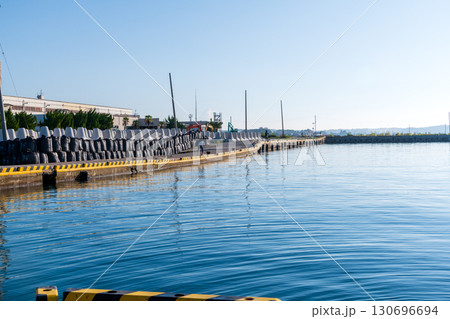 大きな土嚢が置かれた地形が変わってしまった飯田港の風景 130696694