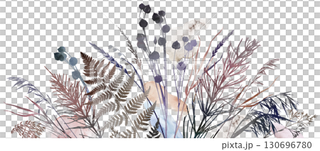 Watercolor boho autumn floral border with dried leaves in earthy tones, wedding illustration Watercolor boho autumn floral border with dried leaves in earthy tones, wedding illustration 130696780