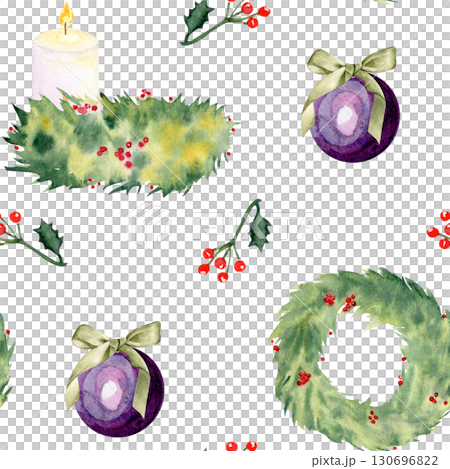 Candles, holly berries, pine wreaths, baubles watercolor seamless pattern isolated on white. Ideal for wrapping paper, festive textiles, greeting cards, invitations, holiday decor projects. Christmas 130696822