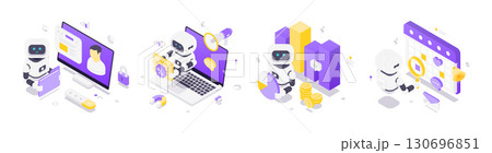 Isometric Vector Illustration Of Robots Using Artificial Intelligence For Data And Event Management 130696851