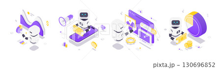 Modern Isometric Vector Illustration Of Robots Using Artificial Intelligence For Digital Business Solutions 130696852