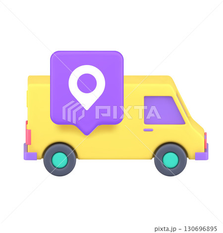 3d Realistic Icon Of Yellow Delivery Van With Purple Map Pin For Logistics And Location Tracking 130696895