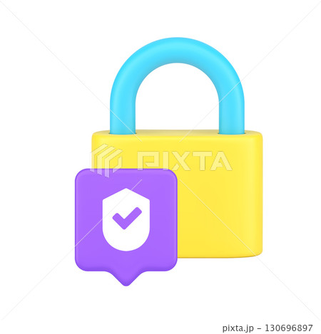 3d Realistic Icon Of Yellow Padlock With Blue Handle And Purple Shield For Security Verification 130696897
