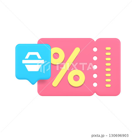 3d Realistic Icon Of Pink Discount Coupon With Percentage And Blue Shopping Cart For Retail Promotion 130696903