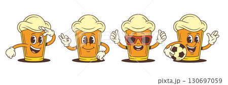 Funny Beer Mascot Character With Football Ball Thumbs Up Ok And Salute Gestures Vector Set 130697059