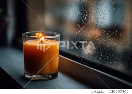 a lit orange candle in a dark window 130697363