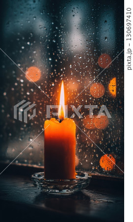a lit orange candle in a dark window 130697410