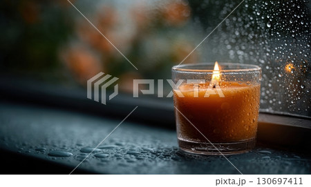 a lit orange candle in a dark window 130697411