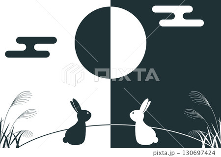 十五夜お月見のシルエットデザイン　満月とうさぎ｜お月見,満月,うさぎ,すすき,十五夜 130697424