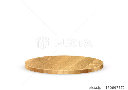 Wooden 3d podium on transparent background. Round stage display product. Empty circle stand pedestal of natural wood for luxury product presentation. Realistic modern vector illustration 130697572