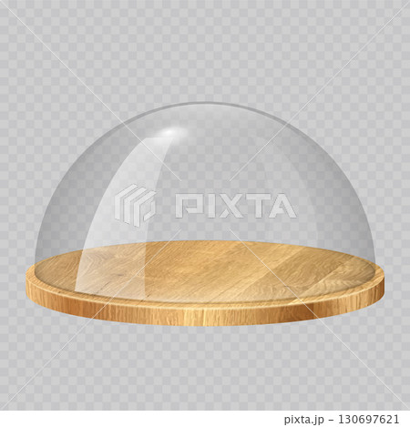 Glass dome with wooden tray. Transparent crystal bell, container, case, cover with round wood plate. Empty product display or showcase. Realistic vector illustration isolated on transparent background Glass dome with wooden tray. Transparent crystal bell, container, case, cover with round wood plate. Empty product display or showcase. Realistic vector illustration isolated on transparent background 130697621