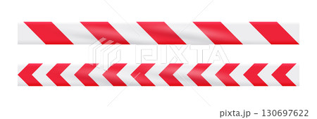 Caution warning tapes. Danger tapes with diagonal white-red strips for construction, crime scene or danger zone. Warning ribbons isolated on white background. Realistic vector 130697622