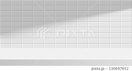 Countertop on white subway tile background. White podium with soft shadow. Metro brick horizontal pattern with table. Bathroom, kitchen interior for product display. Realistic vector illustration Countertop on white subway tile background. White podium with soft shadow. Metro brick horizontal pattern with table. Bathroom, kitchen interior for product display. Realistic vector illustration 130697652