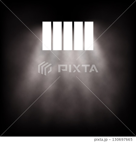 Light rays shining through prison bars in darkness with fog or smoke effect. Jail window background. Abstract vector illustration 130697665